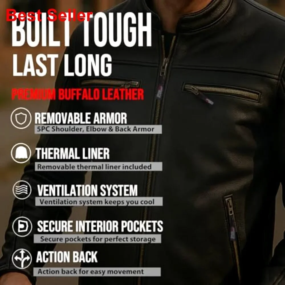 Motorcycle Jacket Natural Buffalo Leather CE Armor Ventilation